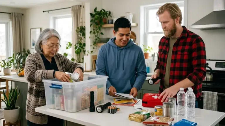 A family sorting emergency supplies together at home