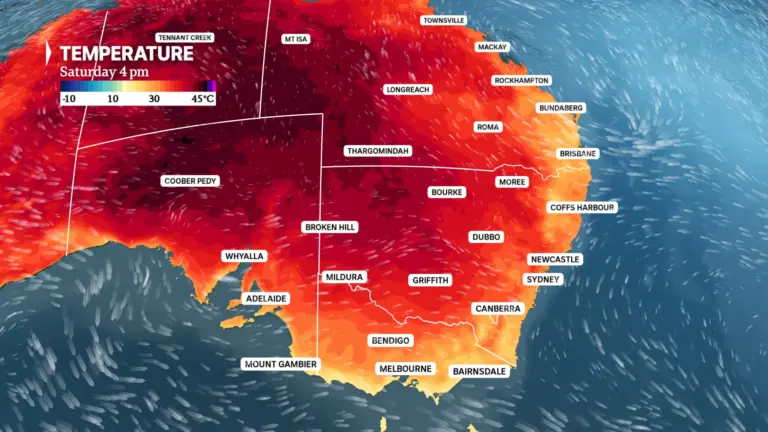 Weather map showing very high temperatures across Australia