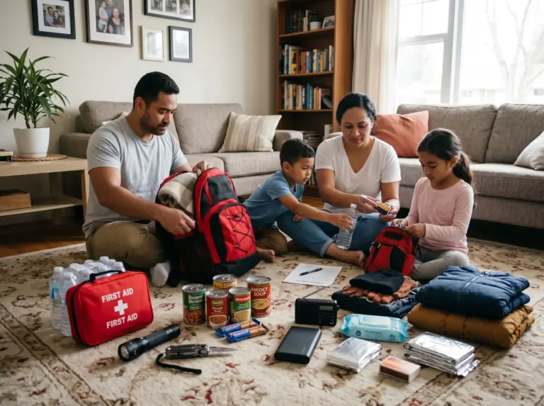 A family packing Go Bags with emergency items