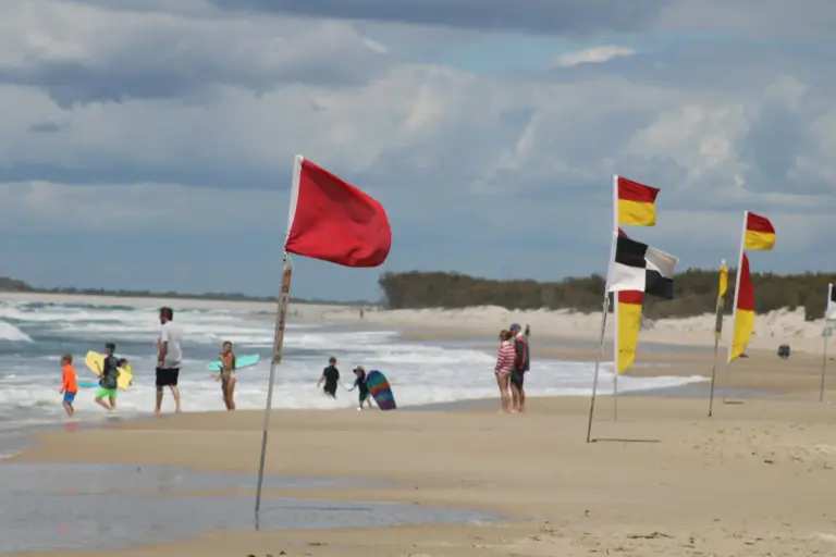 Red and yellow flags on a beach